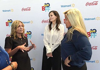 Bentonville Mayor Stephanie Orman (from left) talks Tuesday with actor Geena Davis and Kalene Griffith, CEO of Visit Bentonville, during a preview and kick-off for the 2024 Bentonville Film Festival slated for June 10-16. Davis starred in the 1991 film "Thelma and Louise" and said acting in the movie was a life-changing experience for her. Go to nwaonline.com/photos for today's photo gallery.

(NWA Democrat-Gazette/Flip Putthoff)